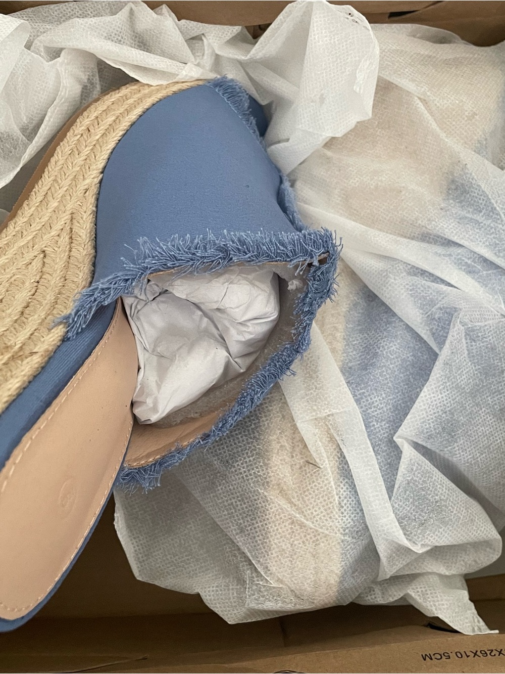 Frayed Edge Blue Espadrille Wedge Mule - Women